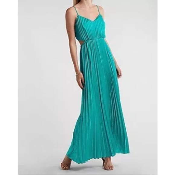 Teal Pleated Side Cutout Express Maxi Dress - Picture 3 of 13